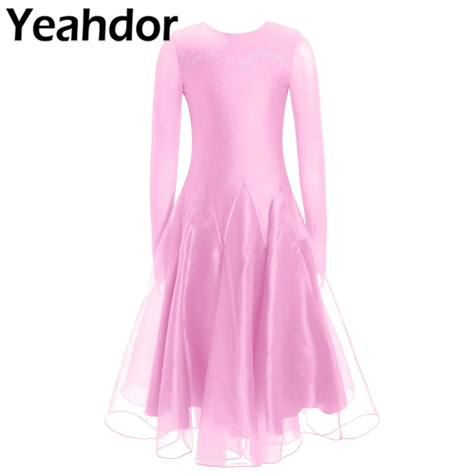 Girls Rhinestones Ballroom Dancing Costume Ballet Dress Professional Modern Waltz Tango Practice Competition Performance Dress