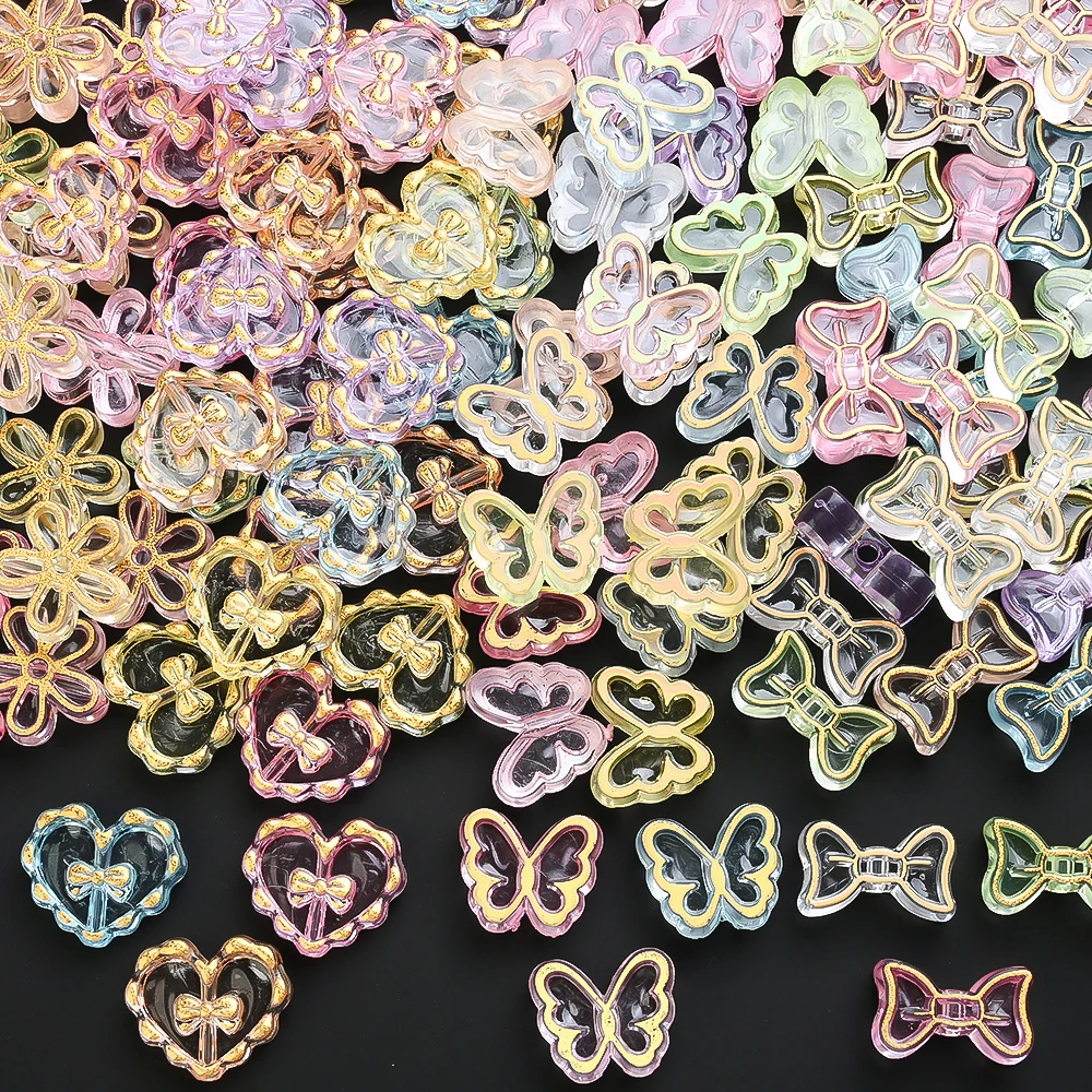 20 Stück goldfarben verzierte transparente Acrylperlen in Schmetterlings-, Herz- und Blumenform als Abstandshalterperlen für die Schmuckherstellung, DIY-Armbänder und Halsketten – Detail 12