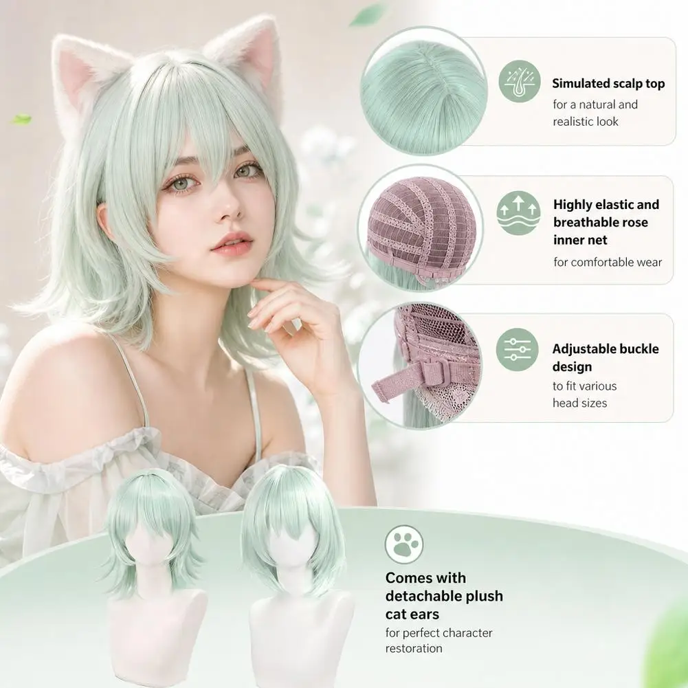 For Satou Yaniko Cosplay Wig For Yani Neko DokiDoki Women Cute Green 35cm Short Hair Chainsmoker Cat Halloween 2 Styles Of Wigs