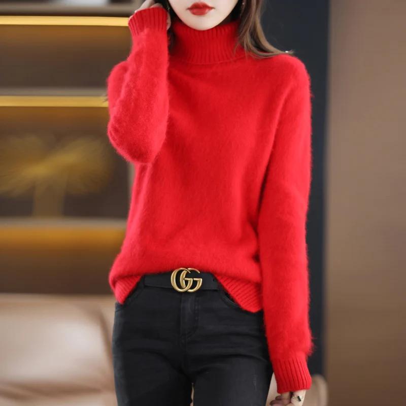 Jesień Zima Nowy 100% Mink Cashmere Dzianinowy Pullover Damski Sweter z klapami Split Fork Moda Grube Topy Duży Rozmiar Koszula podstawowa