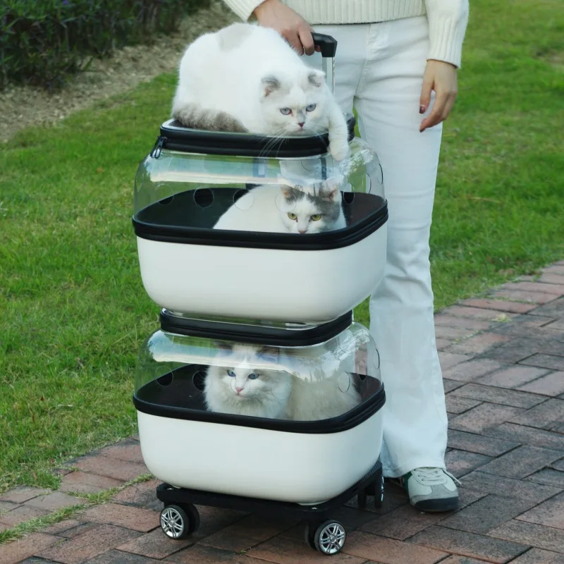 Doppelschichtige Outdoor-Katzen-Trolley-Tasche mit Rädern, transparent, für Katzen, Kinderwagen, 2 Katzen, günstig, atmungsaktiv, Heimtierbedarf, tragbar