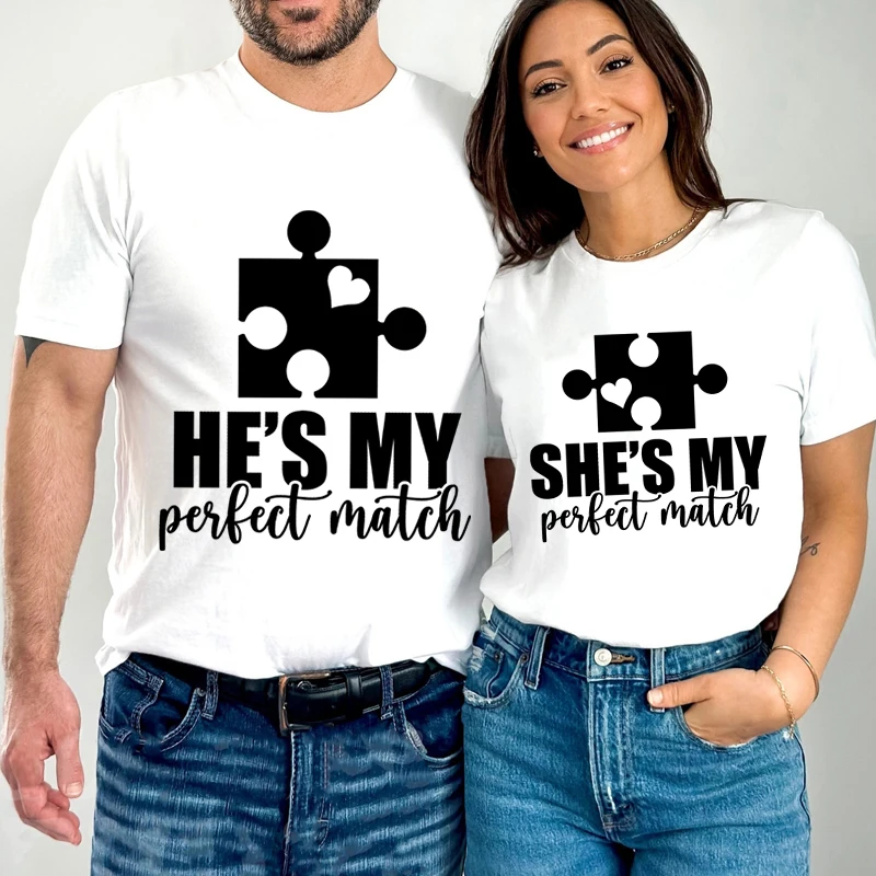 

Matching Couples T Shirt He's/she's My Peilect Match Print Tshirt Wife Husband Honeymoon Tops Funny Letter Men Women T-shirt