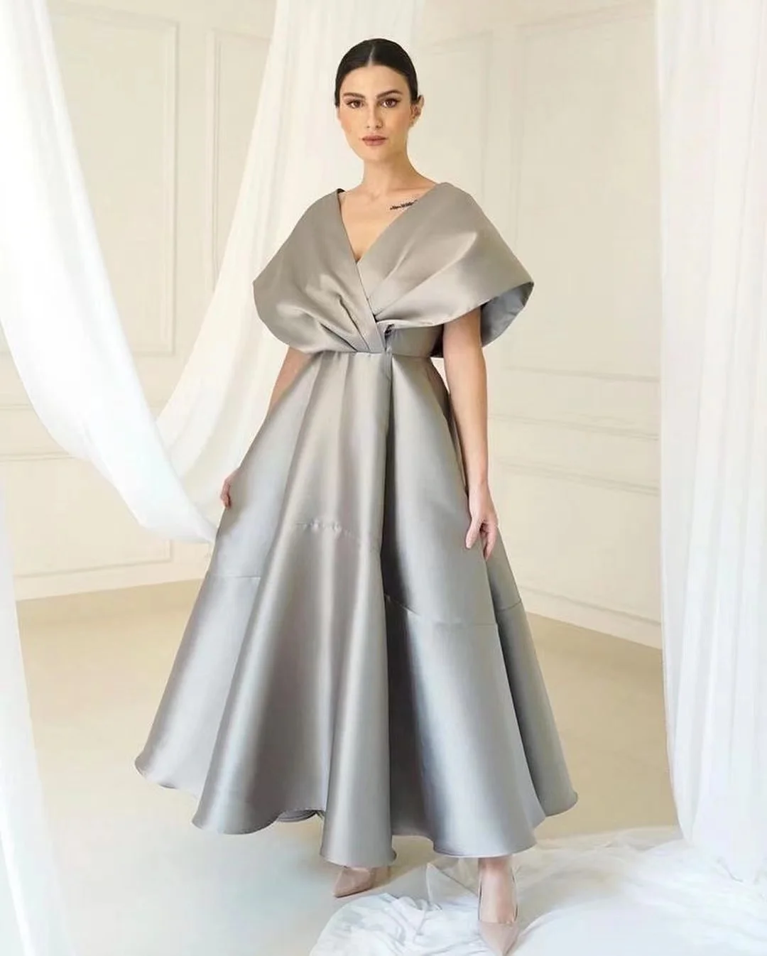 

AsaNagi Silver Satin Evening Dresses A Line Off The Shoulder Elegant V Neck Prom Dress Women Formal Party Gowns 2023