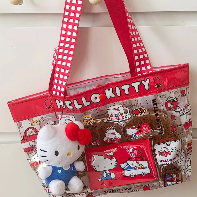 Sanrio Hello Kitty Cute Cat Transparent Bag Summer New Fashion Cartoon Printed Handbag Y2k Korean Style Large Capacity Tote