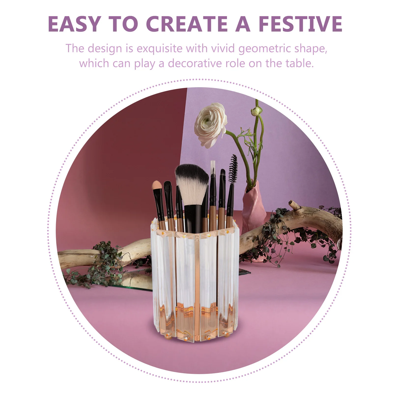 

Decorative Glass Makeup Brush Bucket Geometric Shape Desktop Pen Holder Brush Organizer Multifunction Office Stationery