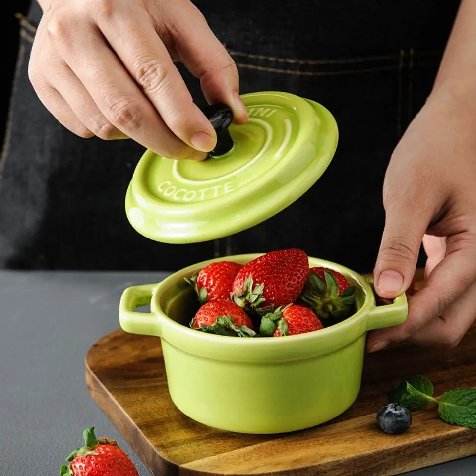 Cute Mini Ceramic Double-Ear Bowls with Lids –Steamed Egg Custard Cups, Soup Bowls & Dessert Ramekins |Microwave/Dishwasher Safe