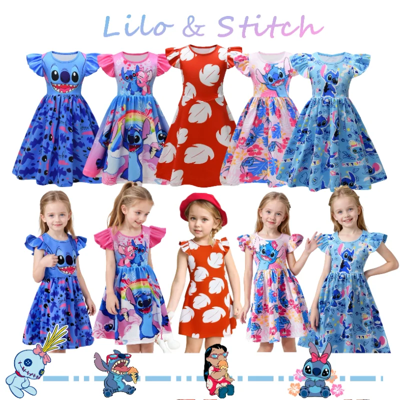 

2025 фильм Лило и Стич, несколько стилей, карнавальный костюм с летающими рукавами, летнее милое сине-розовое платье принцессы с принтом