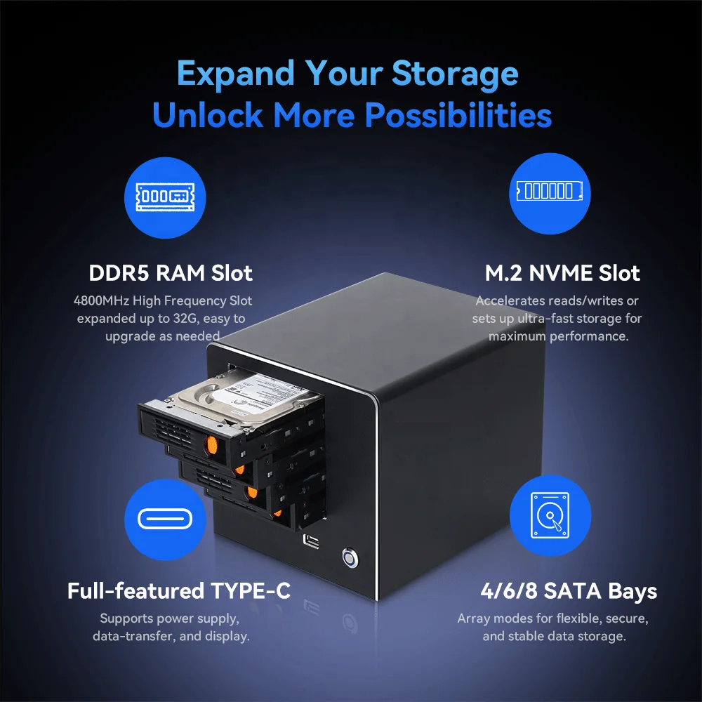 4/6/8 SATA 베이 NAS 미니 PC 인텔 N100 N150 2.5G I226V 10G AQC 3LAN 이더넷 RAID 네트워크 연결 저장소 서버 썸네일 4