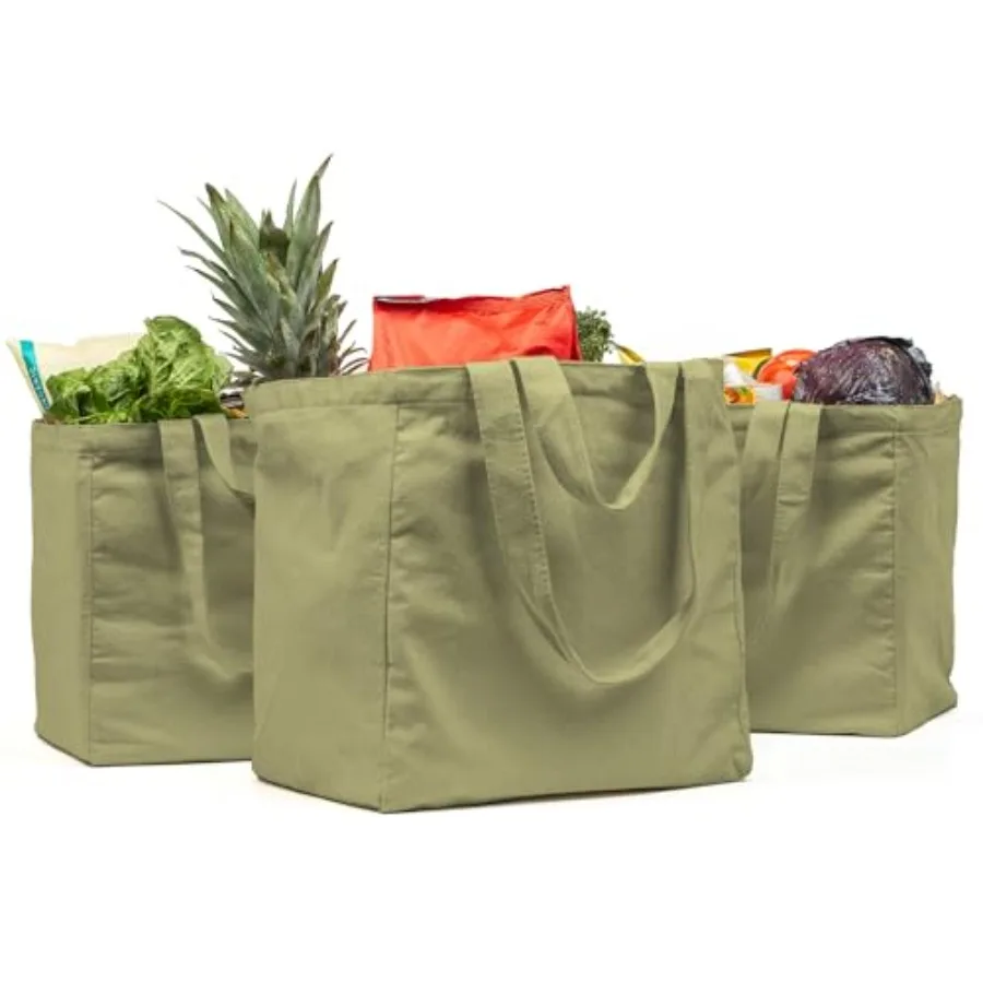 

Canvas Grocery Bag 3pc XL Set with Real Pockets Long Shoulder Strap and Short Handle. Heavy Duty Foldable Washable