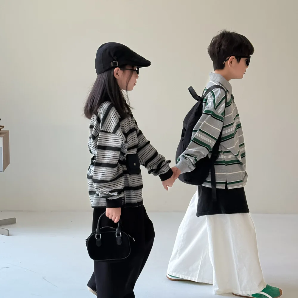 قميص الأطفال 2025 الخريف الفتيان والفتيات الكورية مخطط فضفاض أعلى الأطفال الوجه طوق عارضة طويلة الأكمام أسفل قميص #3