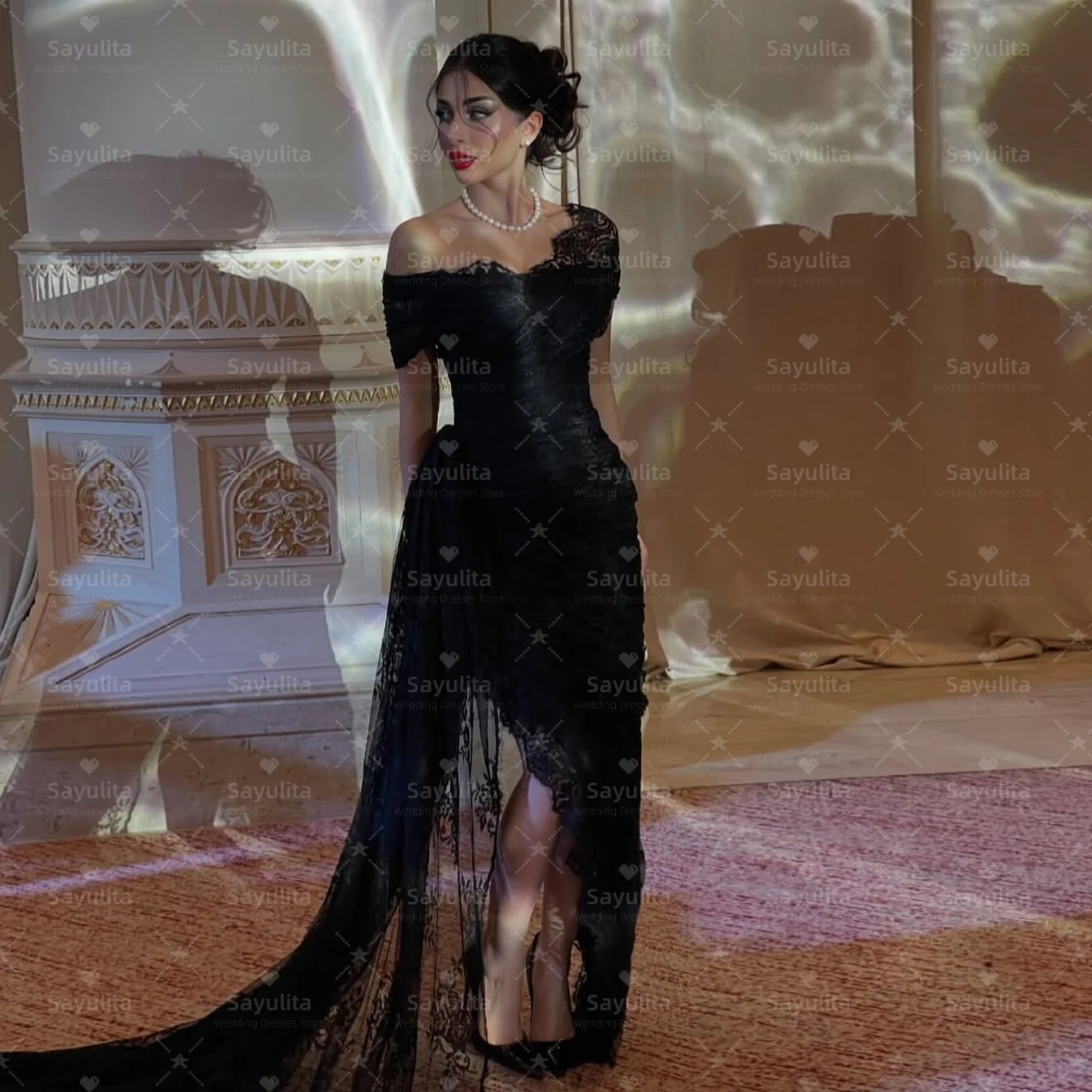 

Sayulita Black Lace Side Slit Long Prom Dresses Off Shoulder Saudi Party Women Wear Zipper Back Evening Dress Customized