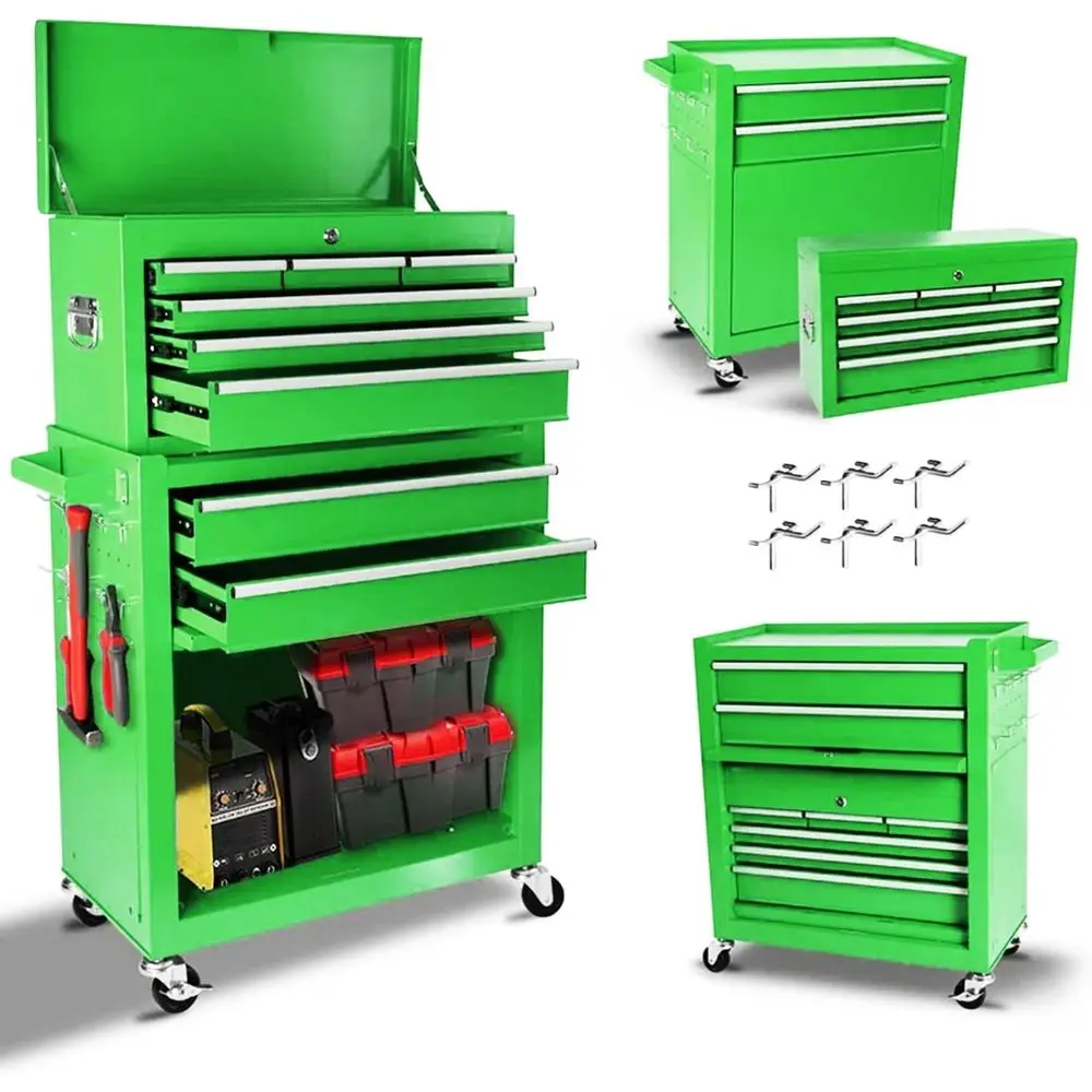 

Portable Heavy-Duty 8-Drawer Rolling Tool Chest with Detachable Top, Lockable Metal Cabinet, Storage Organizer for Workshop, Gre