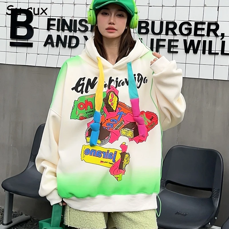 

2024, зимняя плюшевая утепленная толстовка большого размера с капюшоном, женская одежда Y2k, повседневный свободный топ с длинными рукавами и мультяшным принтом