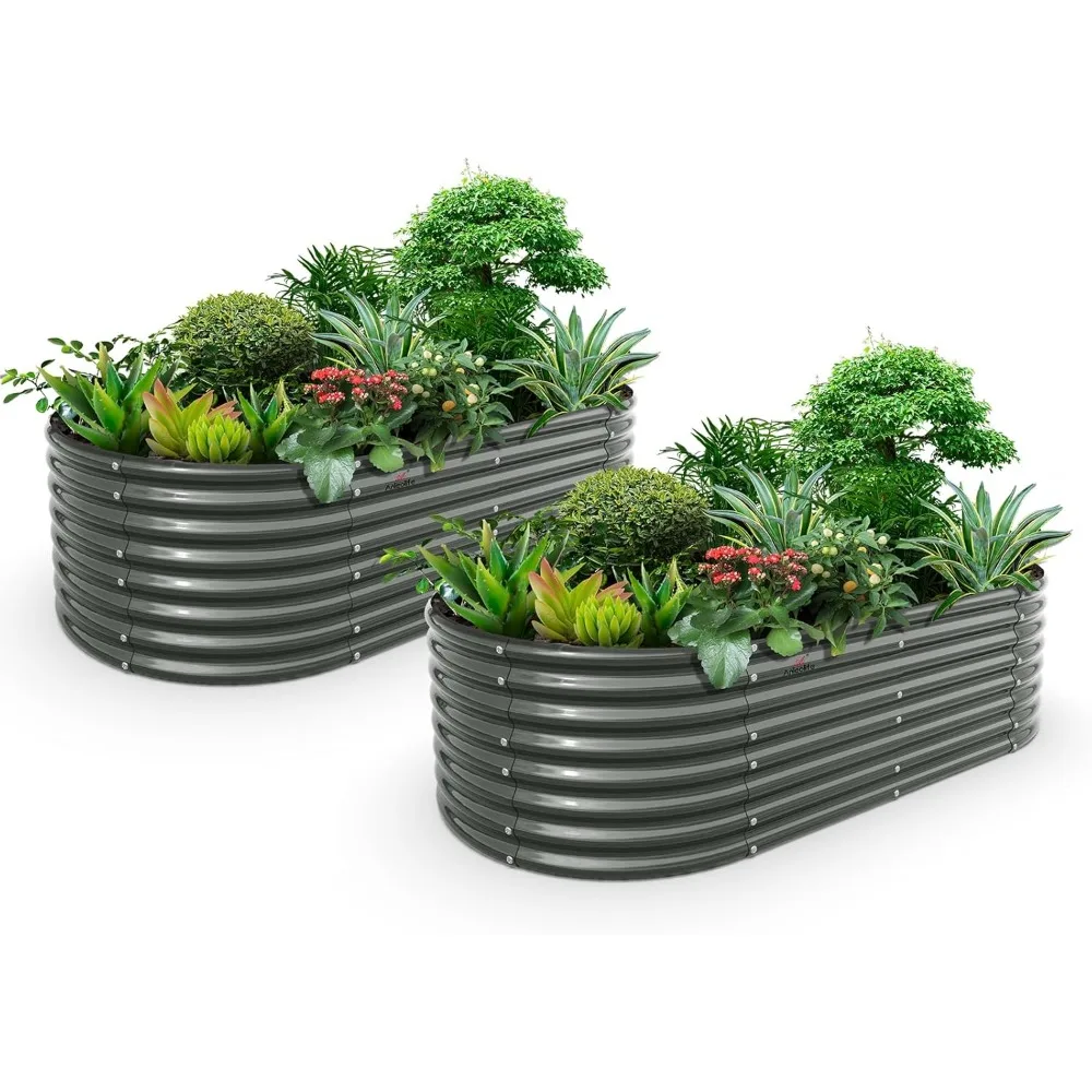 

A ANLEOLIFE 2-Set 8X4X2 ft Galvanized Raised Garden Bed Kit, Oval Metal Deep Root Planters for Outdoor Plants, Quartz Grey