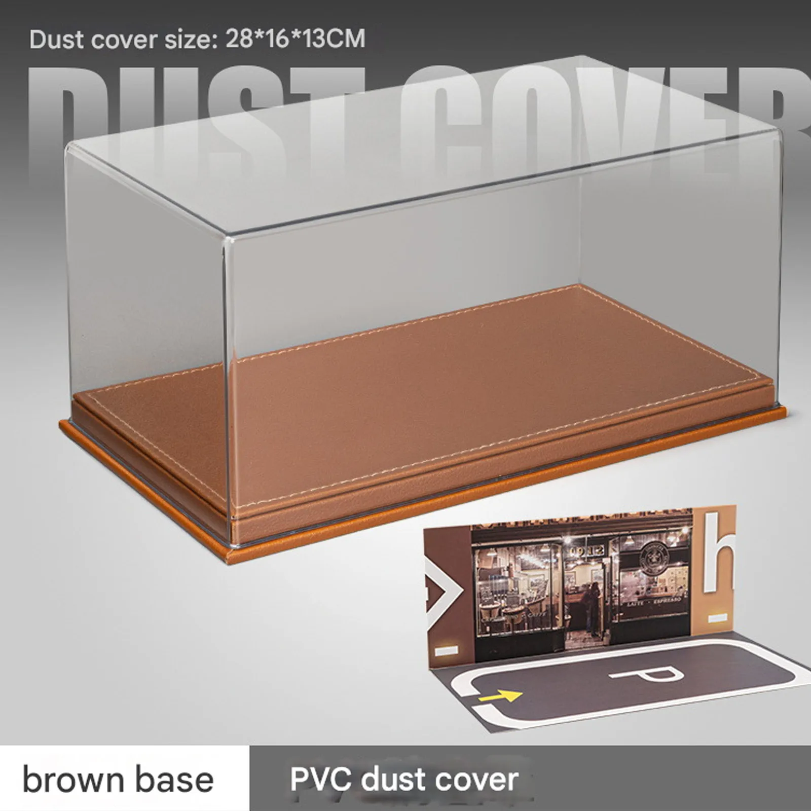 1:18 High Transparency Dust Cover - Leather Base Display Case for 1:24 Car Models with LED Lighting Parking Lot Scene