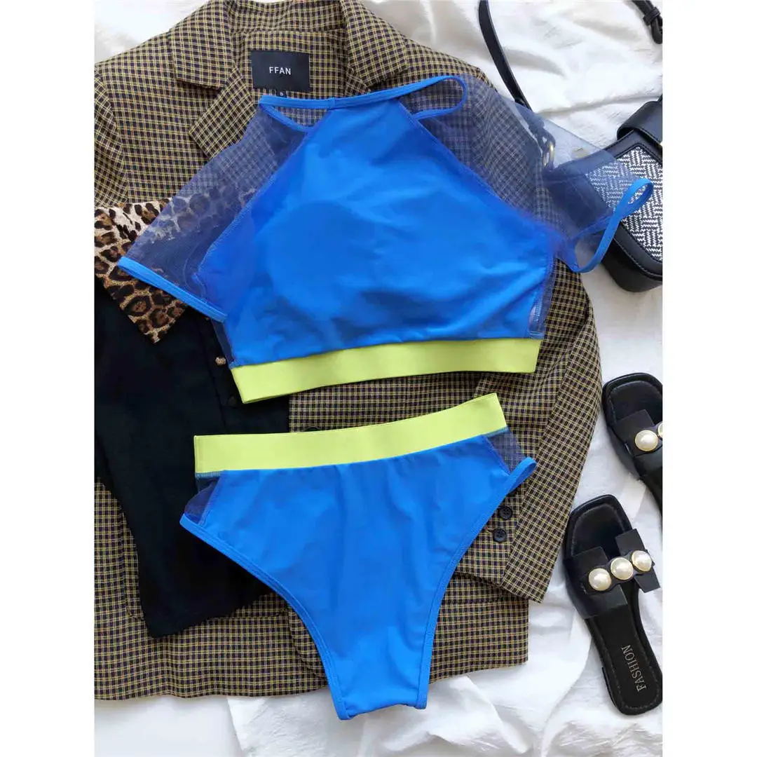 Kurzarm-Badeanzug mit Mesh-Einsätzen, Damen-Bikini mit hoher Taille, zweiteiliger Bikini-Set, Badebekleidung, Badeanzug, Modell V2871. – Detail 23