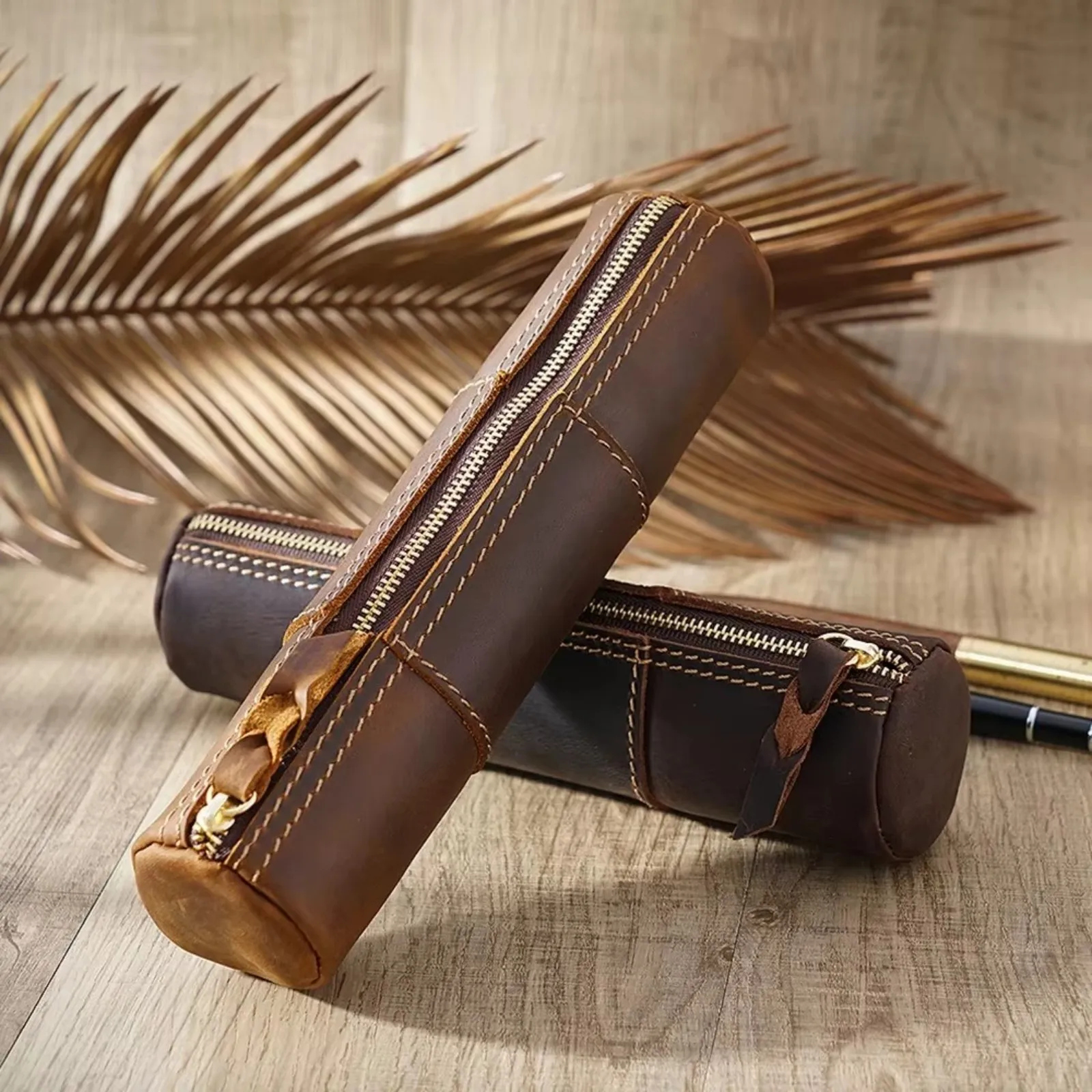 

Vintage Genuine Leather Pencil Case Handmade Organizer Pouch Pens Storage Bag Zipper Pencil Holder for School Office Supply
