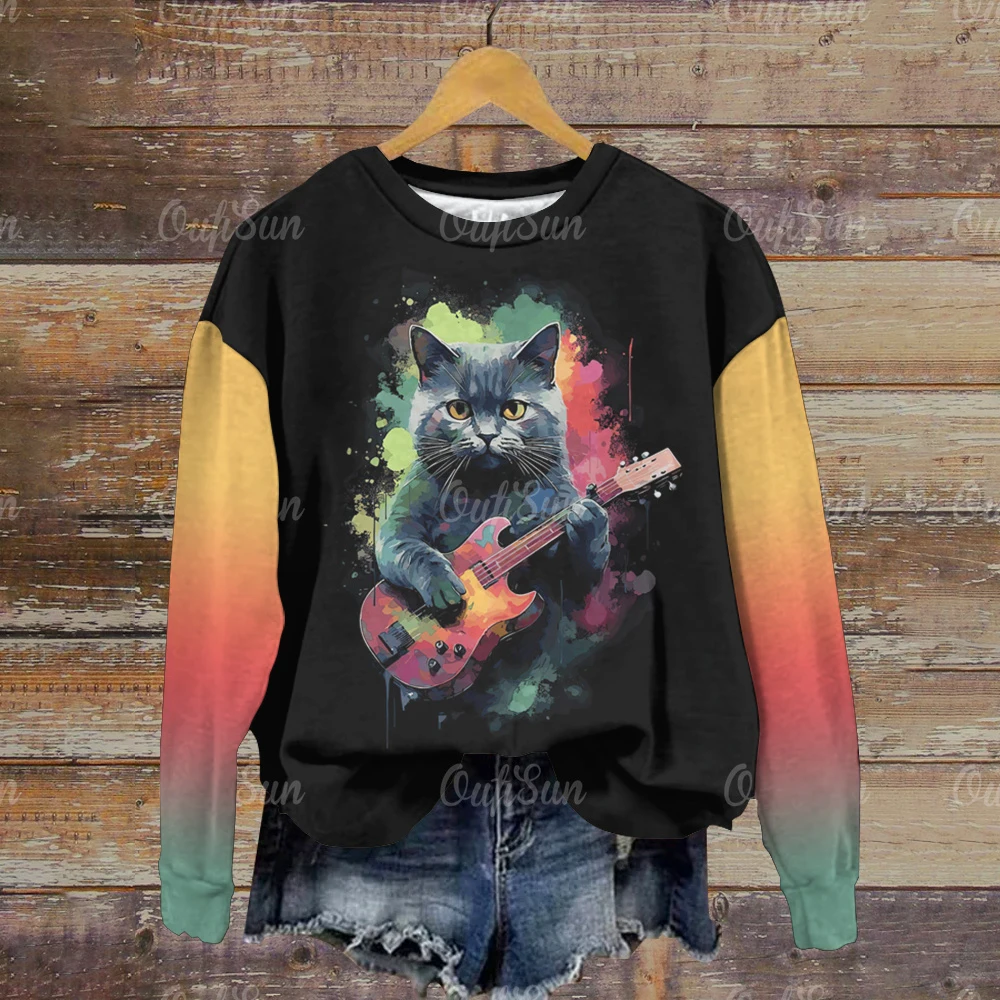 Women's Rock Cat Print Sweatshirt Hoodie Autumn Fashion Street Sweater Winter Loose Gradual Change Female Long Sleeve Hoodies