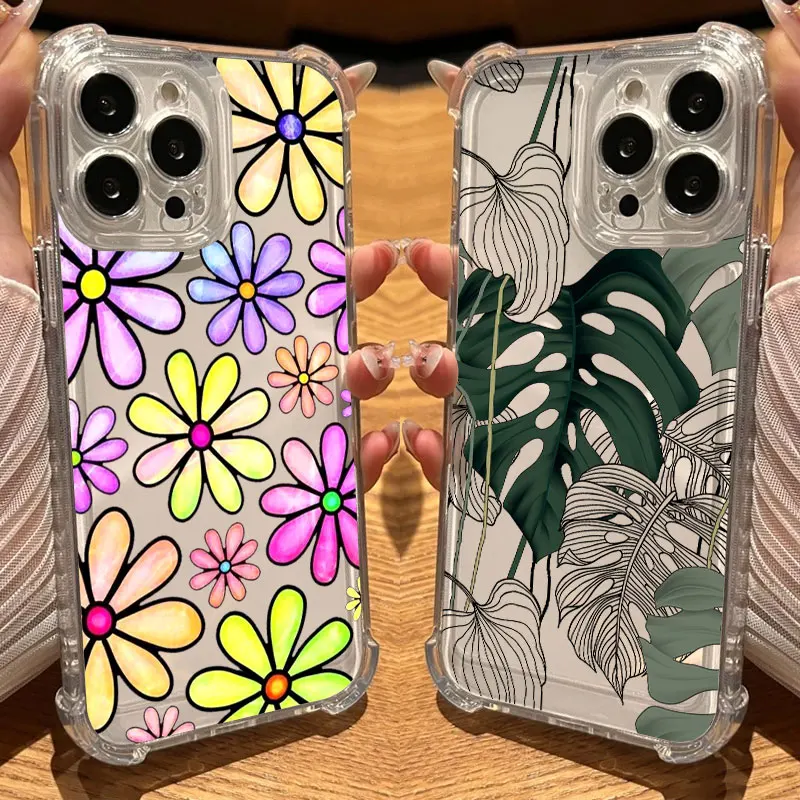 

Beautiful Flowers Leaf Phone Case Clear For iPhone 17 16 14 15 11 12 13 Pro Max 16E 15 16 Plus 17 Air Shockproof Anti-fall Cover