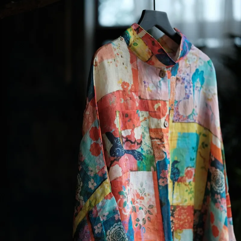 2026 Vintage 100% Ramie Long Women's Shirt New Boho Floral Color Printed Linen Shirt Femme Long Batwing Sleeve Causal Blouses