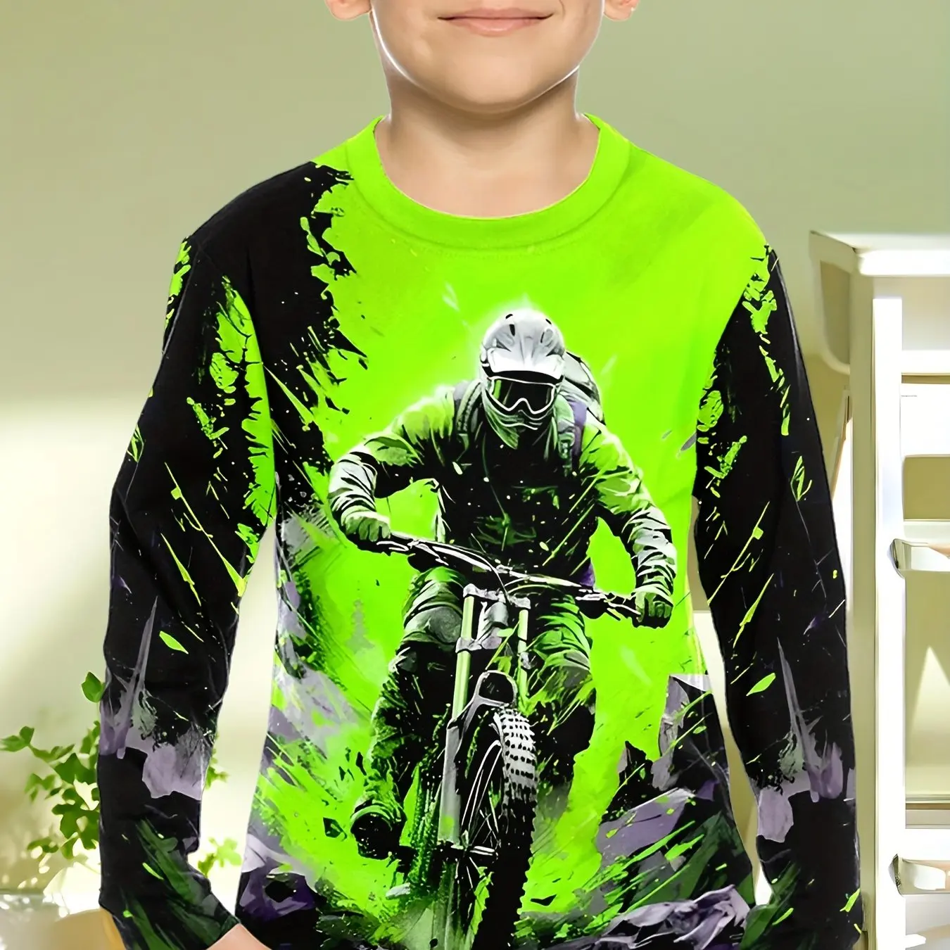 Roupas infantis meninos camiseta manga longa 3d moda bicicleta da sujeira gráfico crianças todas as estações roupas casuais pulôver diário topos