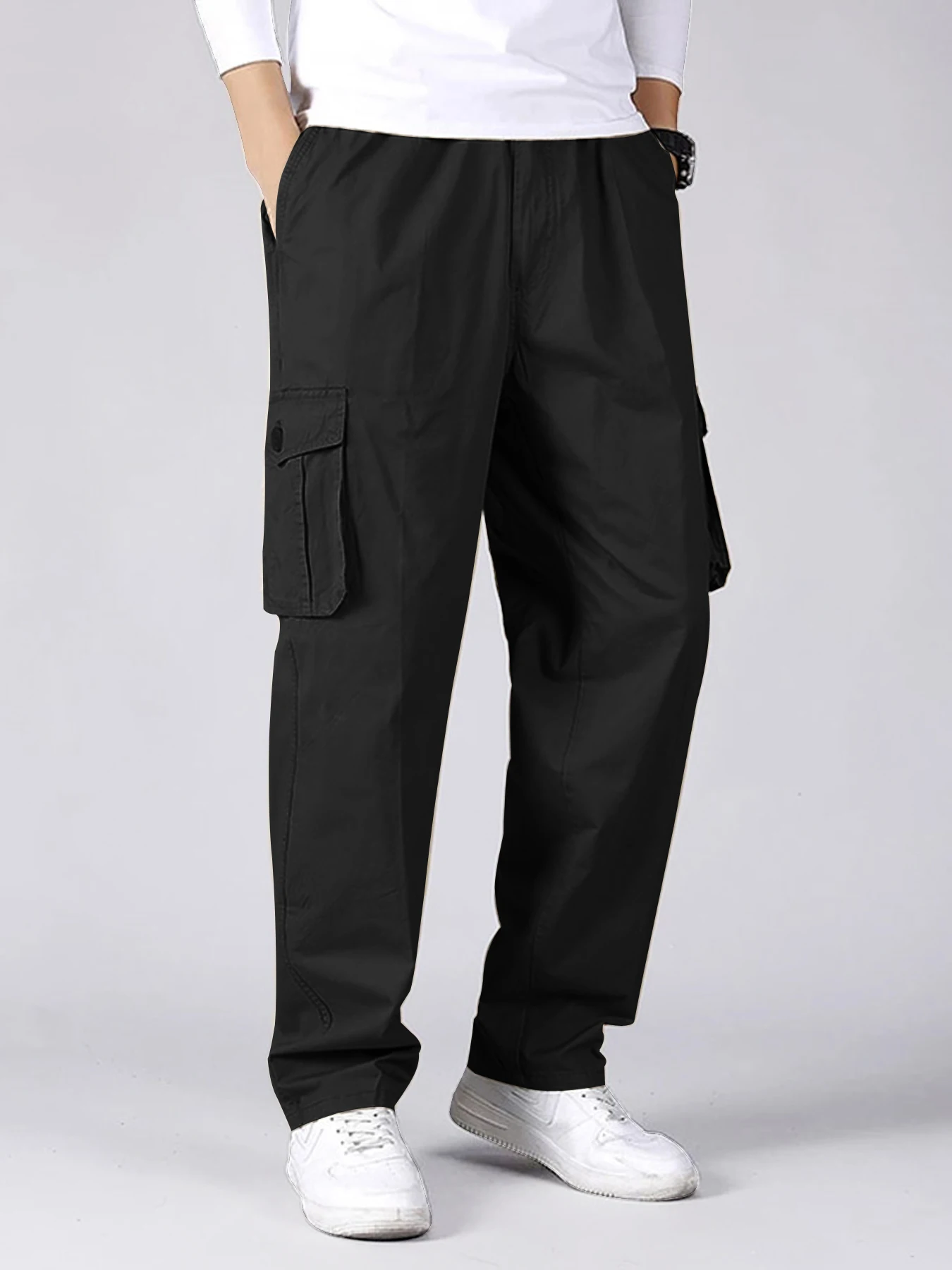 

Брюки-карго из 100% хлопка в корейском стиле, мужские брюки-карго с несколькими карманами, универсальные повседневные брюки свободного кроя