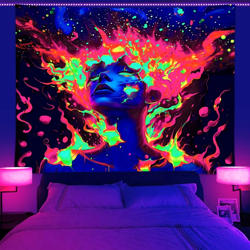 1pc UV reactive tapestry, neon lighting effect, fashionable and personalized female bedroom decoration wall hanging