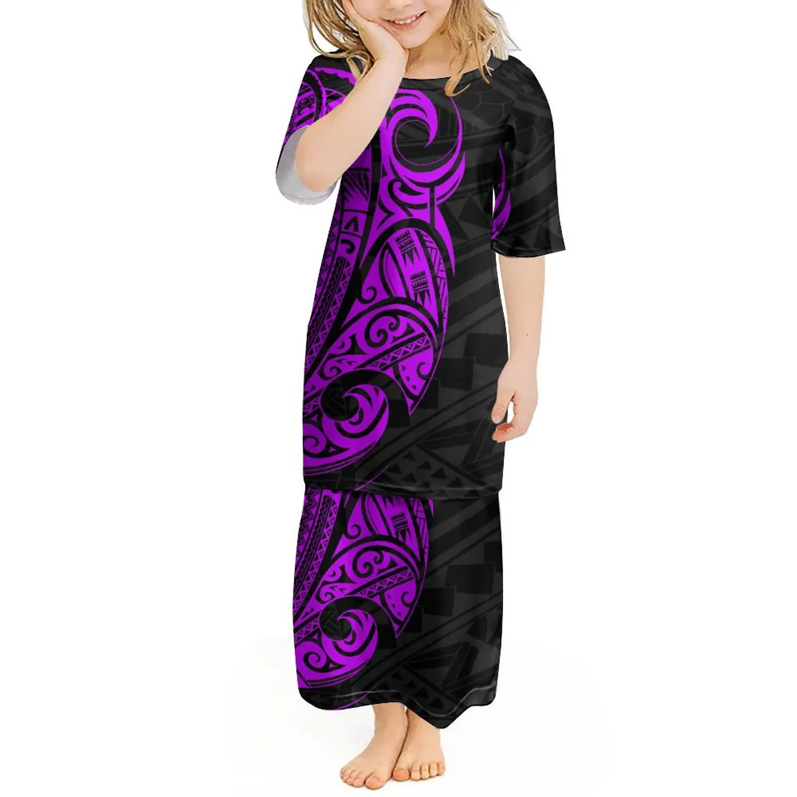 Hot Selling Girls Puletasi Summer Kids Dress Girls Set Dress Elegant Temperament Dress Party Wholesale Polynesian Kids Dress