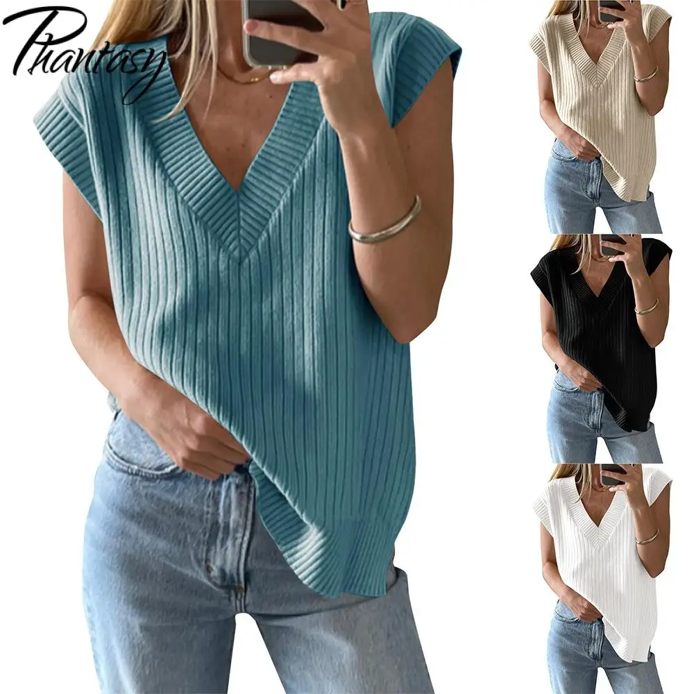 

Phantasy Womens Casual Knit Vest Solid Casual Loose Crochet Sleeveless Sweater Vest Tops Vintage Women's Female Outerwear