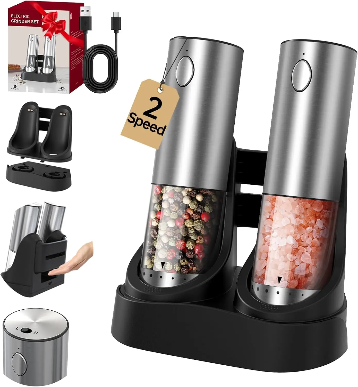 

Rechargeable Electric Salt and Pepper Grinder Set with LED Light, Adjustable Coarseness, and Fast Charging Base