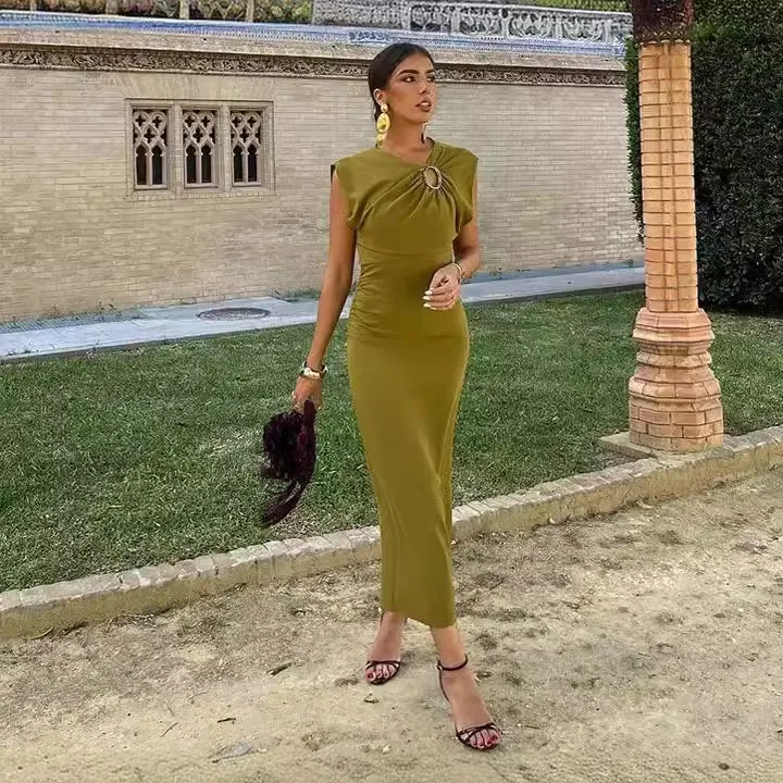 

Women's Fashion Solid Color Hoop Link Midi Dress Women's Hollow Slim Vest Women's 2024 Summer Chic Evening Dress