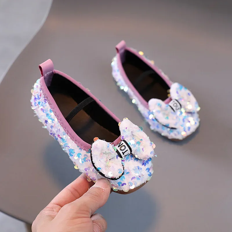 Girls Shoes Kids Glitter Leather Shoes for Wedding Stage Party Sequins Bling Shiny with Bow-knot Princess Soft Children\'s Flats