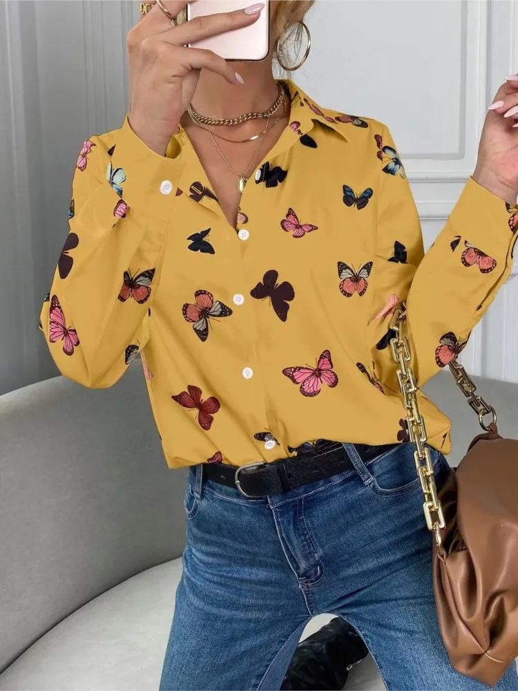 여성을위한 여름 여성의 유행 인쇄 긴 소매 셔츠 나비 인쇄 옷깃 셔츠