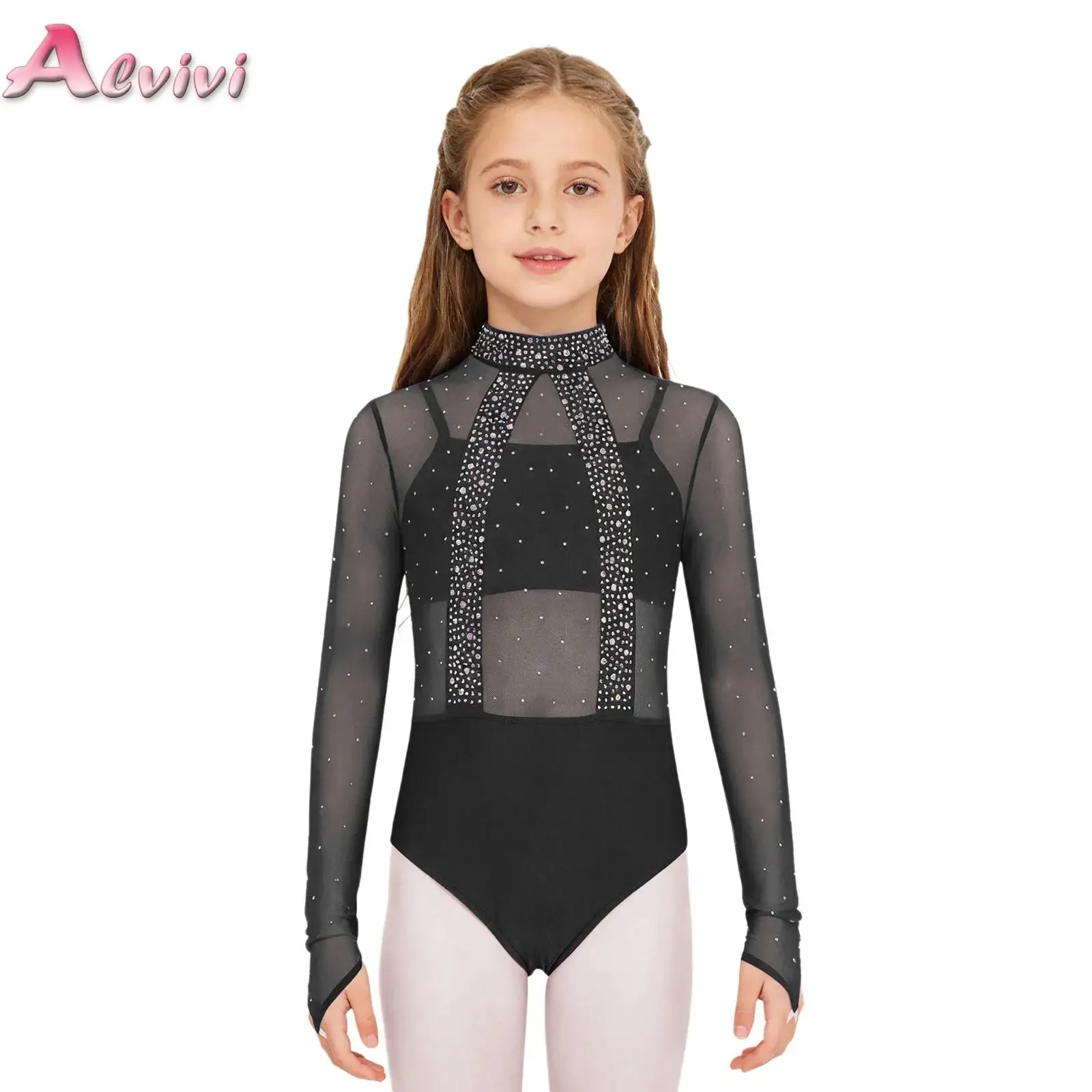 الفتيات طفل طويل الأكمام الجمباز الإيقاعي جيرسي الرقص رداء رقص الباليه لامعة الراين بقماش شفاف الشكل التزلج ارتداءها فستان