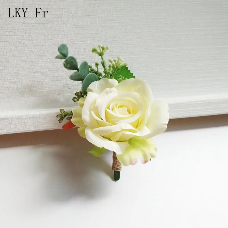 LKY FR boutonnieres อุปกรณ์จัดงานแต่งงานเจ้าบ่าวเข็มดอกไม้ผ้าไหมข้อมืองาช้าง Corsage boutonniere mariage กำไลข้อมือแฟชั่น Homme