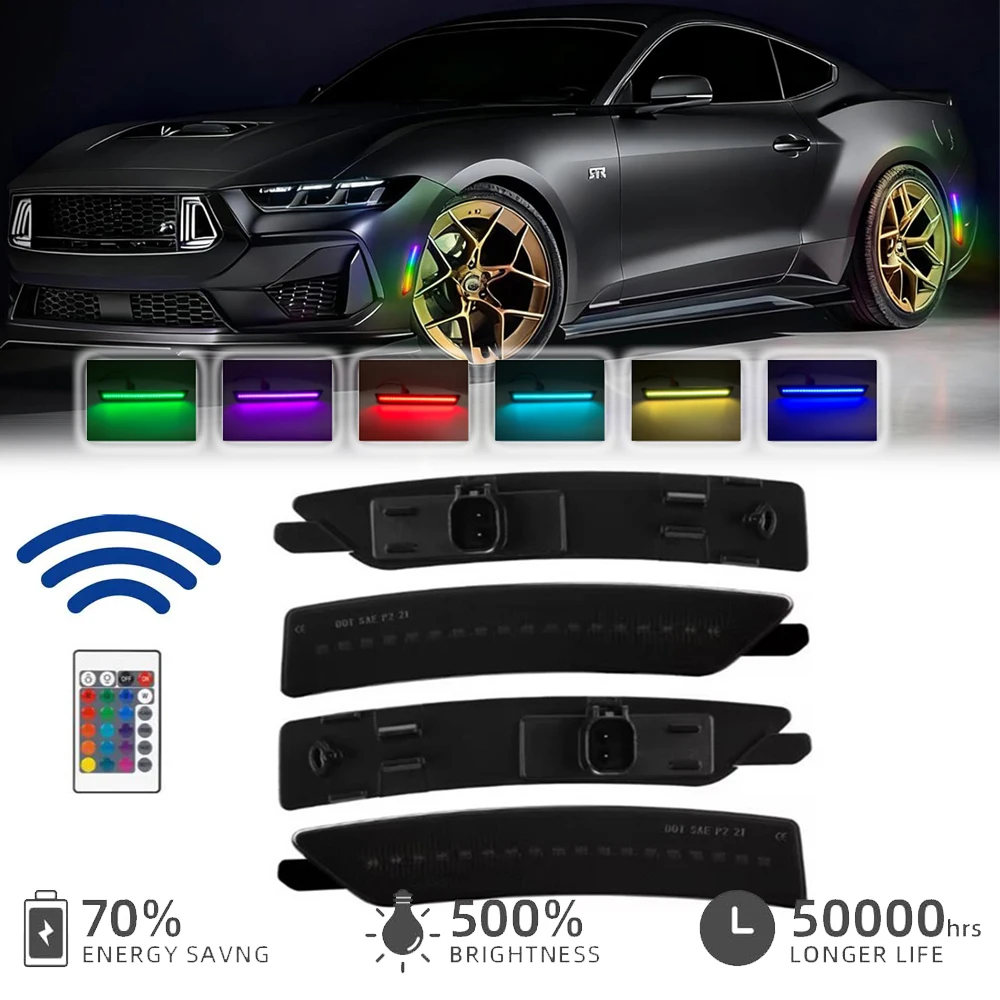

4pcs Front Rear Fender LED Flashing RGB Side Marker Light Error Free for Ford Mustang 2024- S650 Gen7 Auto Accessory Stop Lamp
