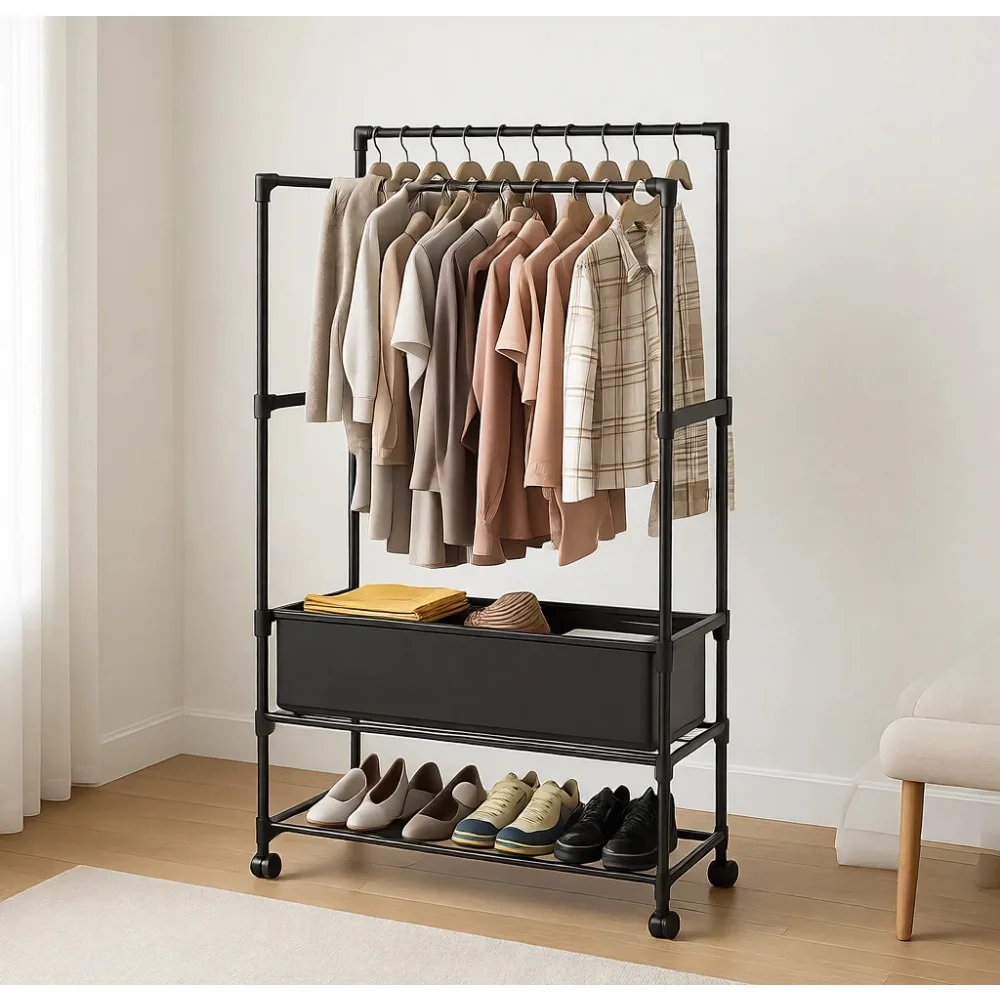 Double Rod Garment Rack with Shelves Adjustable Height Lockable Wheels Portable Closet Storage for Bedroom