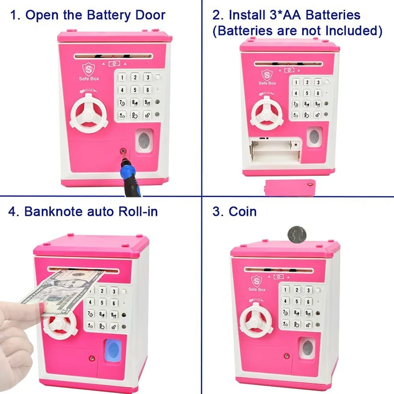 Piggy Bank Cash Coin Money Jar Kids Safe Box With Fingerprint Password Electronic Toy ATM Savings Bank (Pink/White)