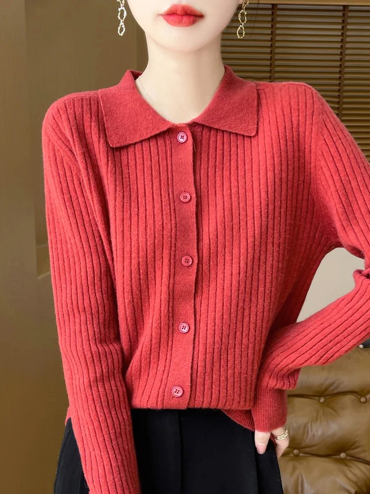 Autumn Winter Women New 100% Merino Wool Sweater Cashmere Polo Collar Cardigan Vertical Stripes Knitwear Bottoming Clothing Tops