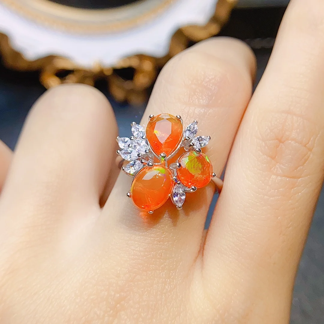 Beautiful Natural Orange Fire Opal Three Stone Ring 925 Sterling Silver Birthstone Fire Opal Engagement Promise Rings For Women