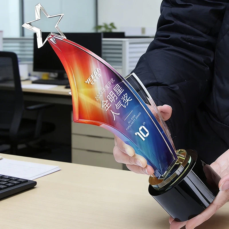 Customized Pentagram Transparent Crystal Trophy, Excellent Company Annual Meeting Award Souvenirs, Lettering Color Printing, 1Pc