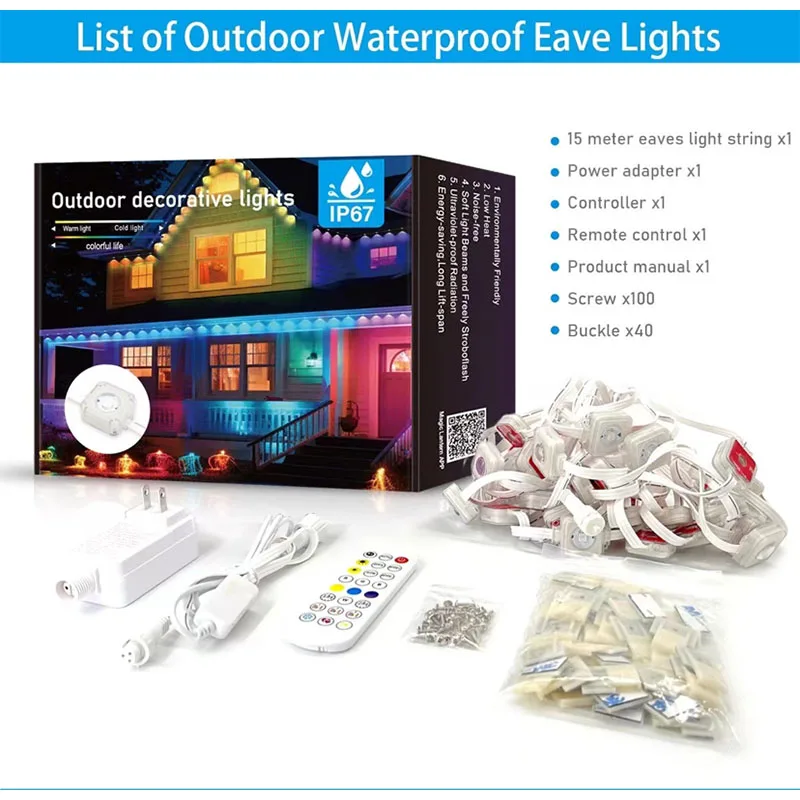 Bluetooth RGBIC Outdoor Eaves Light String 15M 30LEDS Remote Control App Control Waterproof Easy Install for Festival Xmas Decor