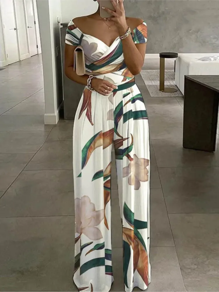 Summer New Printed One Shoulder Jumpsuits Women 2024 High Waist Short Sleeves Wide Leg Long Pants Slim Jumpsuit Ladies Commuting