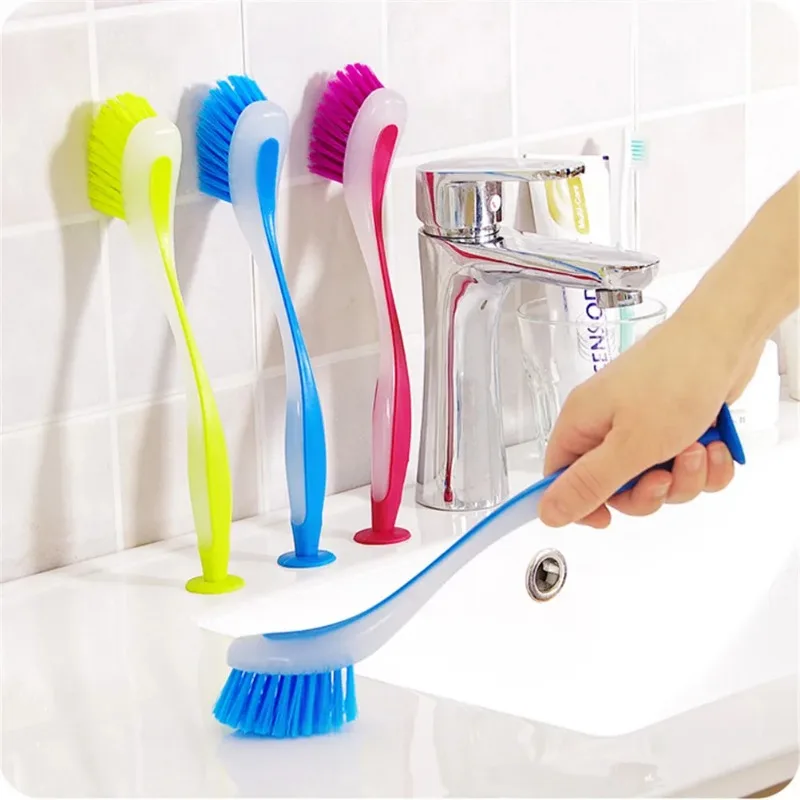 1pc Pot Cleaning Brush Vertical Multifunction Kitchen Suction Cup Type Sink Scrub Long Handle