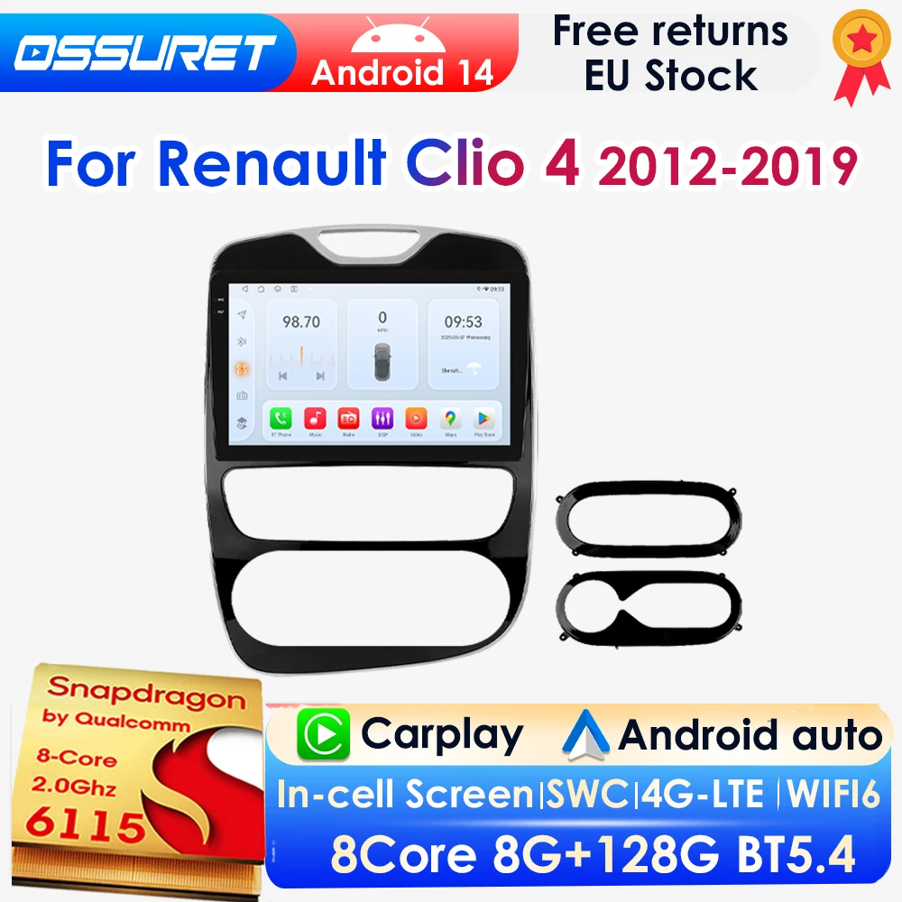 Qualcomm autoradio Android Auto CarPlay 8 cœurs pour Renault Clio 4 2012-2019 lecteur GPS multimédia 360 ° Caméra Panoramique 4G BT DSP