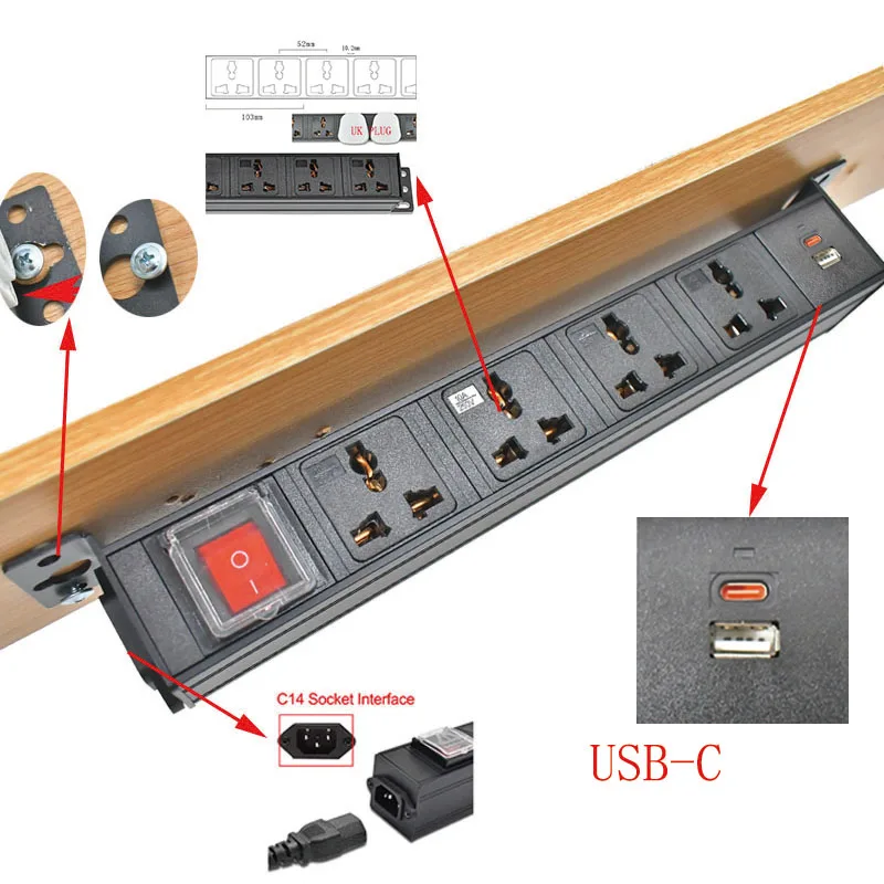 Desktop socket C14 port PDU power strip hidden Office Electrical Outlets1-11AC 10A Universal UK output socket