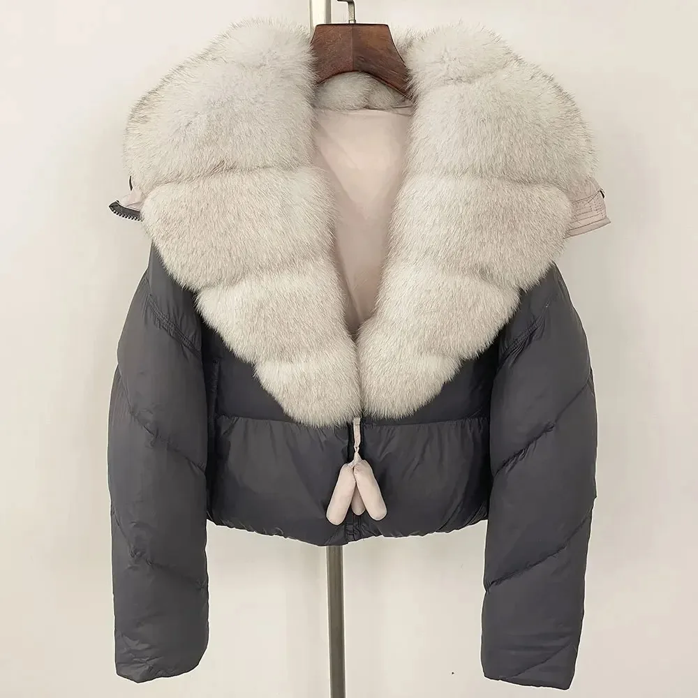 الأبيض بطة أسفل معطف المرأة ريال الطبيعية الثعلب الفراء طوق قصيرة سترة منفوخة سميكة الدافئة عارضة الشارع الشهير الشتاء أسفل سترة