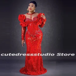 Abiti da sera a sirena rossa modesta maniche lunghe Applique con paillettes Aso Ebi abito da festa formale a sirena abiti da sposa nigeriani