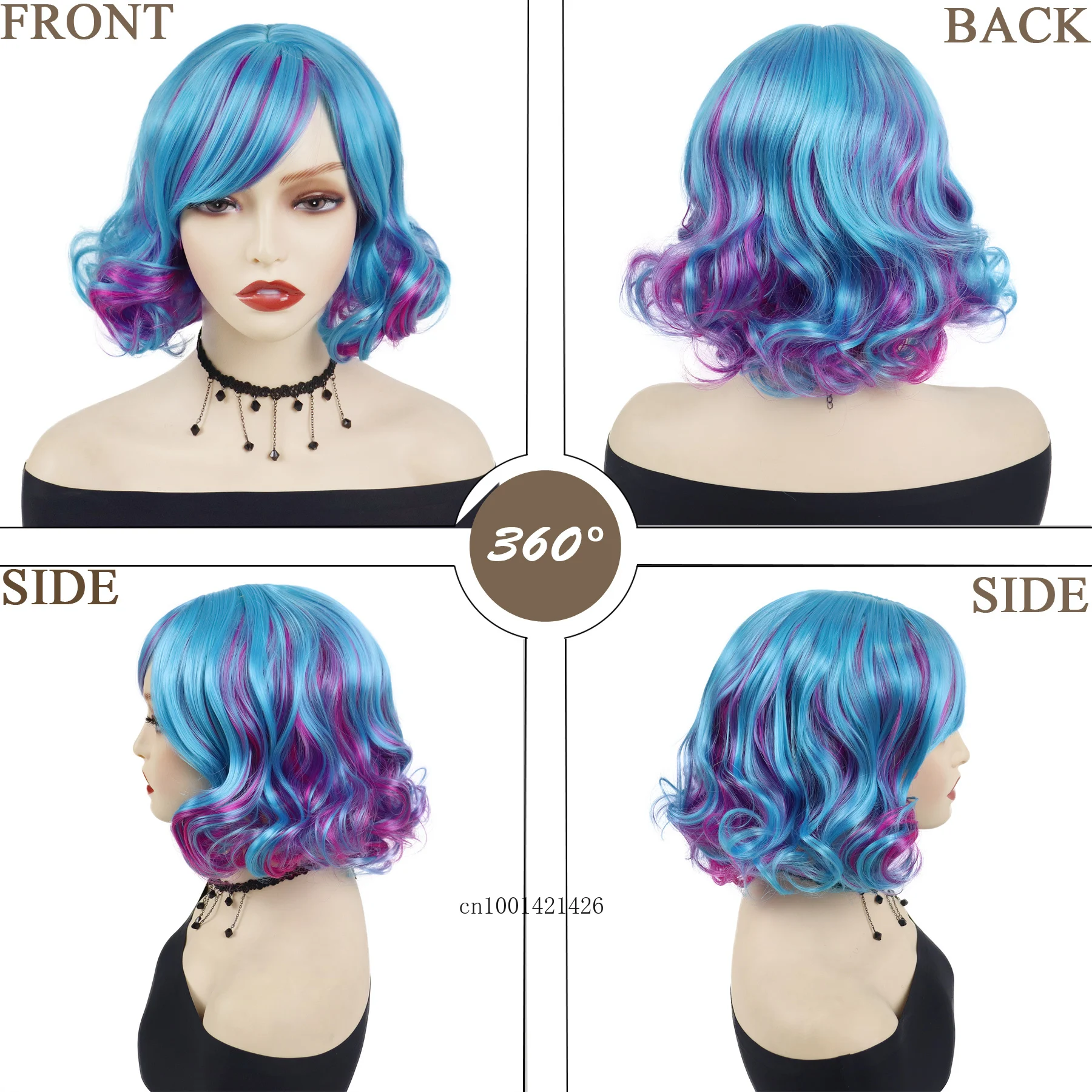 Blauw Mix Rood Synthetische Cosplay Pruik Vrouwelijke Halloween Kostuum voor Vrouwen Anime Lolita Pruiken Drag Queen Themafeest Krullend Kort