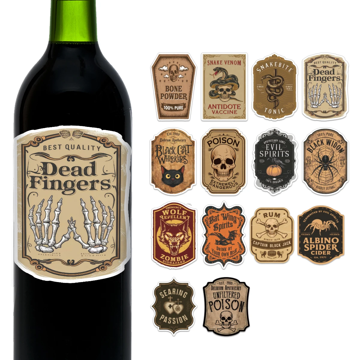 14/15pcs Vintage Halloween Bottle Stickers With Skull,Potion,For Halloween Decor,Party Favor,Apothecary Vibe Haunted Houses Gift